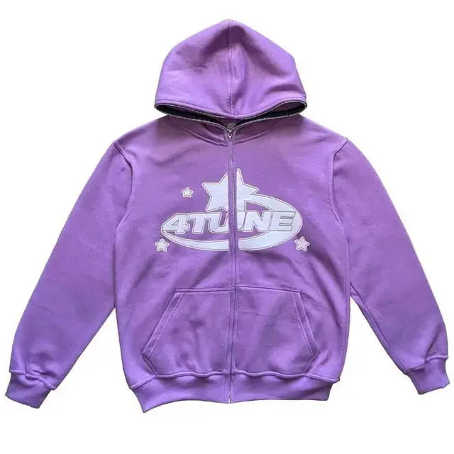 Star Printed Zip Up Hoodies Top100
