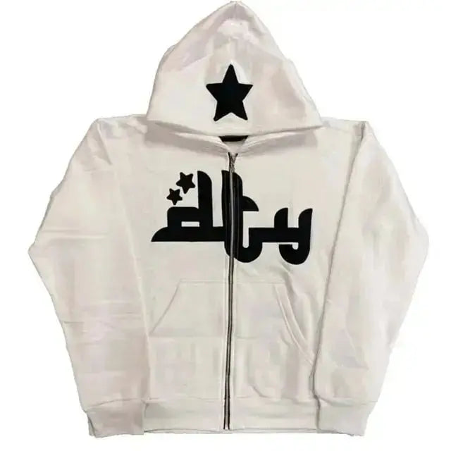 Star Printed Zip Up Hoodies Top100