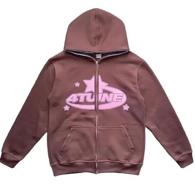 Star Printed Zip Up Hoodies Top100