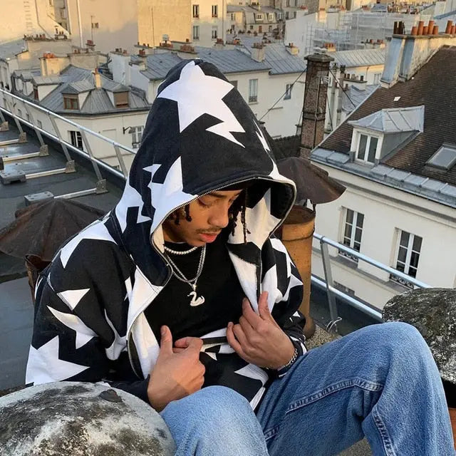 Star Printed Zip Up Hoodies Top100