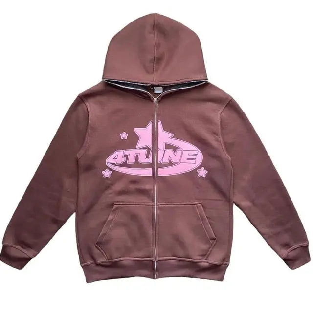 Star Printed Zip Up Hoodies Top100