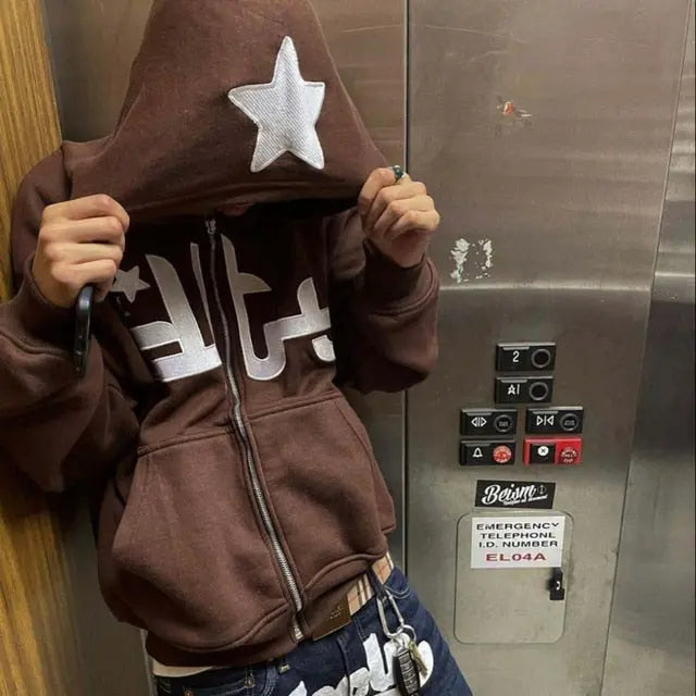 Star Printed Zip Up Hoodies Top100
