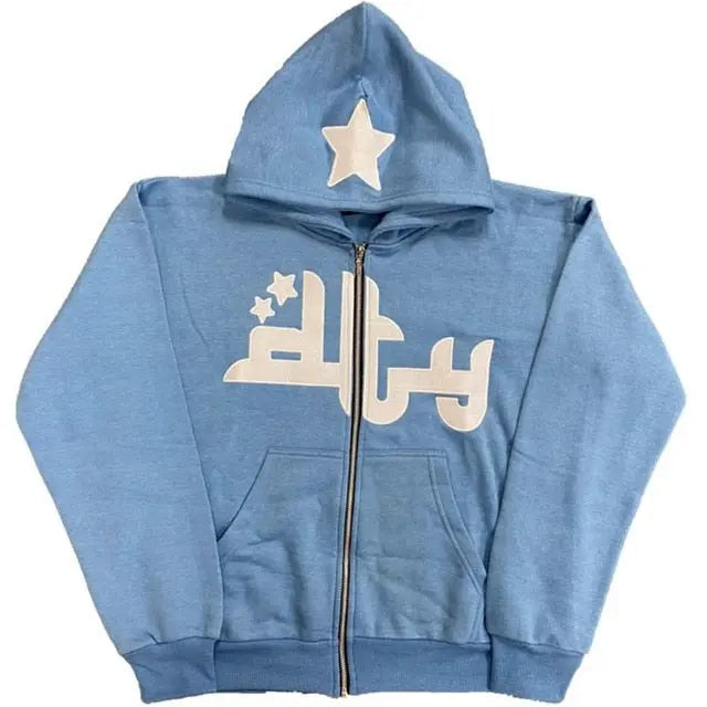 Star Printed Zip Up Hoodies Top100